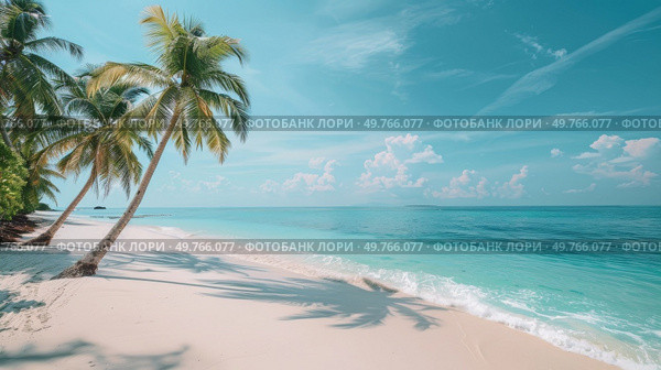A beach with crystal clear blue water and lush palm trees swaying in the gentle breeze under a clear sky on a sunny day.. Tropical Beach With Clear Blue Water and Palm Trees. Стоковое фото, агентство Ingram Publishing / Фотобанк Лори