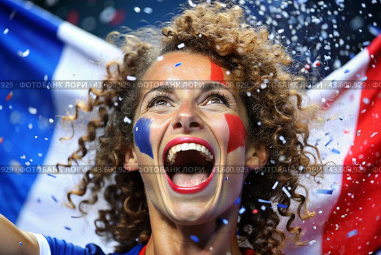 A beautiful athlete or cheerleader from France with joyful shouts after winning the competition at the Olympic Games against the background of the French flag. Стоковое AI-изображение, AI-художник Photojuli / Фотобанк Лори