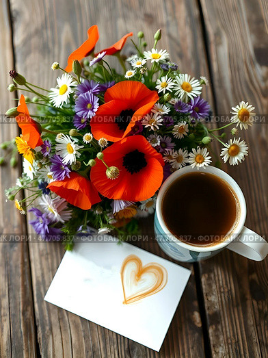 A beautiful bouquet of wild flowers with poppies and cammomille on an old wooden table. Nearby is a cup of hot coffee and a sheet of paper with the heart and copy space for text. Стоковое AI-изображение, AI-художник Iva Noel / Фотобанк Лори