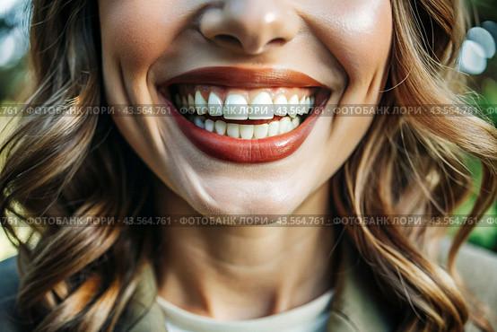 A beautiful, charming, snow-white female smile. A woman's teeth before and after whitening. The concept of dental clinics. Стоковое AI-изображение, AI-художник Photojuli / Фотобанк Лори