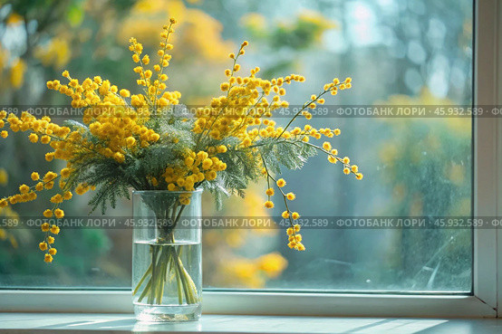 A beautiful fluffy bouquet of mimosa in a vase. Close-up. The concept of spring at home and International Women's Day on March 8th. Стоковое AI-изображение, AI-художник Photojuli / Фотобанк Лори