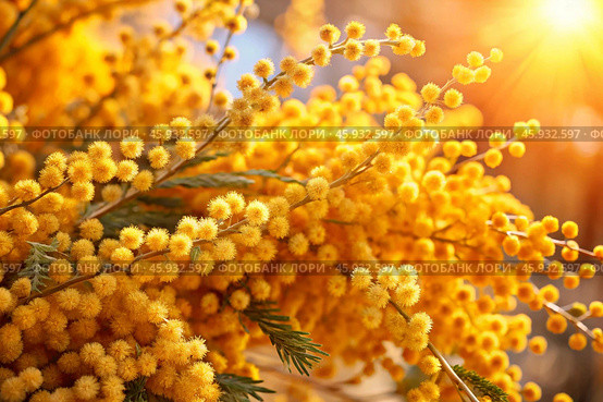 A beautiful fluffy bouquet of mimosa in a vase. Close-up. The concept of spring at home and International Women's Day on March 8th. Стоковое AI-изображение, AI-художник Photojuli / Фотобанк Лори