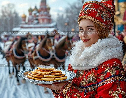 A beautiful girl in national dress treats with pancakes on Maslenitsa. Maslenitsa week. Стоковое AI-изображение, AI-художник Сергей Елизарьев / Фотобанк Лори