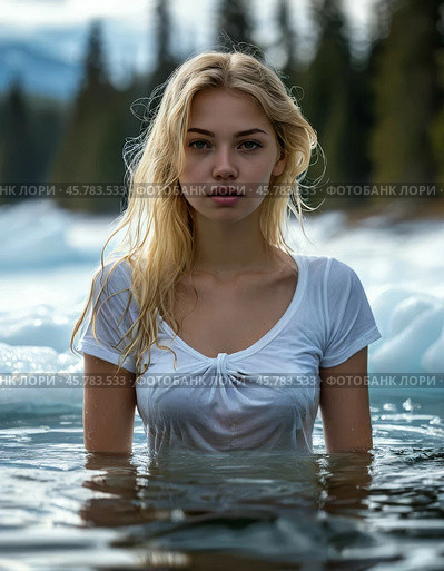A beautiful girl takes a dip in an ice hole. Epiphany bathing is a tradition associated with the feast of the Epiphany of the Lord, which the Orthodox world celebrates on January 19. Стоковое AI-изображение, AI-художник Сергей Елизарьев / Фотобанк Лори