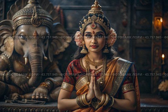 A beautiful Indian girl in a traditional Indian national costume, sari. Against the background of elephants. The portrait symbolizes the traditions, culture and beauty of the people of India. Стоковое AI-изображение, AI-художник Photojuli / Фотобанк Лори