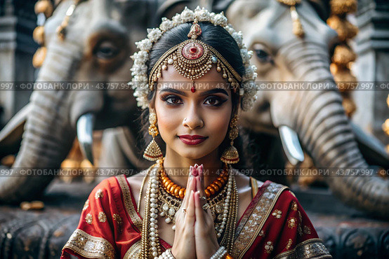 A beautiful Indian girl in a traditional Indian national costume, sari. Against the background of elephants. The portrait symbolizes the traditions, culture and beauty of the people of India. Стоковое AI-изображение, AI-художник Photojuli / Фотобанк Лори