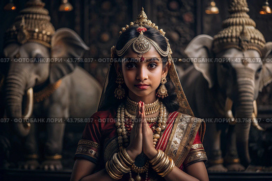 A beautiful Indian girl in a traditional Indian national costume, sari. Against the background of elephants. The portrait symbolizes the traditions, culture and beauty of the people of India. Стоковое AI-изображение, AI-художник Photojuli / Фотобанк Лори
