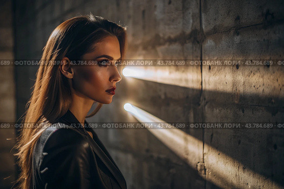 A beautiful minimalistic portrait of a stylish woman against a concrete wall with contrasting lighting. Banner, advertisement. Стоковое AI-изображение, AI-художник Photojuli / Фотобанк Лори