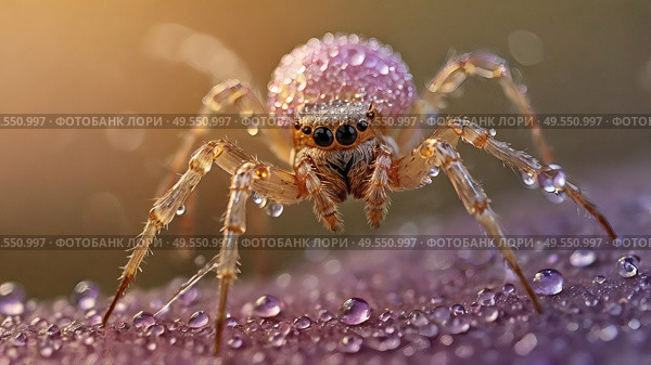 A beautiful spider and a web decorated with dew drops that shimmer in the sun, creating a glow effect. The background of the image is blurred, in a warm golden pink color scheme. Стоковое AI-изображение, AI-художник Photojuli / Фотобанк Лори