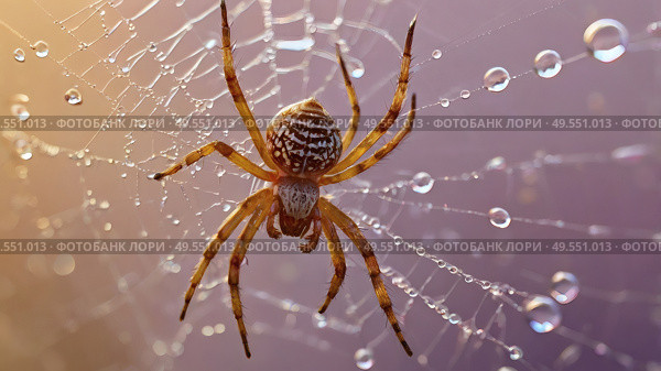 A beautiful spider and a web decorated with dew drops that shimmer in the sun, creating a glow effect. The background of the image is blurred, in a warm golden pink color scheme. Стоковое AI-изображение, AI-художник Photojuli / Фотобанк Лори