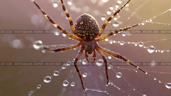 A beautiful spider and a web decorated with dew drops that shimmer in the sun, creating a glow effect. The background of the image is blurred, in a warm golden pink color scheme. Стоковое AI-изображение, AI-художник Photojuli / Фотобанк Лори