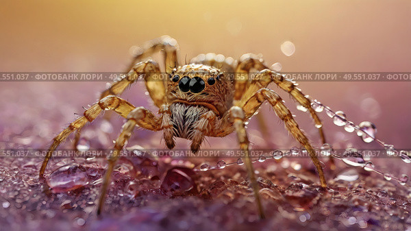 A beautiful spider and a web decorated with dew drops that shimmer in the sun, creating a glow effect. The background of the image is blurred, in a warm golden pink color scheme. Стоковое AI-изображение, AI-художник Photojuli / Фотобанк Лори
