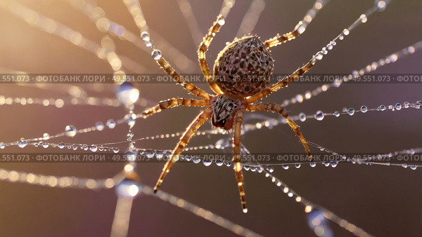 A beautiful spider and a web decorated with dew drops that shimmer in the sun, creating a glow effect. The background of the image is blurred, in a warm golden pink color scheme. Стоковое AI-изображение, AI-художник Photojuli / Фотобанк Лори
