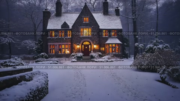 A beautiful stone house glows warmly against a snowy backdrop, surrounded by serene winter trees in the evening twilight. Стоковое AI-видео, аниматор Данила Большаков / Фотобанк Лори