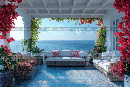 A beautiful terrace overlooking the endless sea. The space is decorated in a Mediterranean style: white columns, a covered veranda, wicker furniture with soft pillows and bright decorative elements. Bright flowering plants grow around the terrace, including red bougainvillea, twining around the columns and walls. Sunlight floods the space, creating a feeling of coziness, relaxation and a luxurious holiday on the coast. Стоковое AI-изображение, AI-художник Анна Кривицкая / Фотобанк Лори