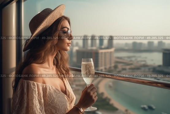 A beautiful woman holding a glass of wine in a stylish manner, showcasing elegance and sophistication. Стоковое AI-изображение, AI-художник Данила Большаков / Фотобанк Лори