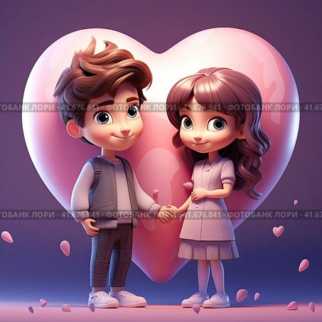 A beautiful young cartoon-looking couple with a huge pink ball in the shape of a heart. The concept of Valentine's Day. Generated by AI. Стоковое AI-изображение, AI-художник Ярославский Максим / Фотобанк Лори
