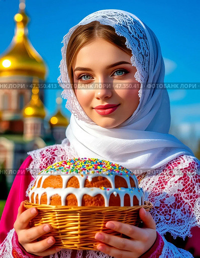 A beautiful young girl holds a consecrated Easter cake in her hands. Easter cake is part of the Easter meal. Easter (Bright Resurrection of Christ) is the oldest and most important Christian holiday. Happy Easter! Стоковое AI-изображение, AI-художник Сергей Елизарьев / Фотобанк Лори