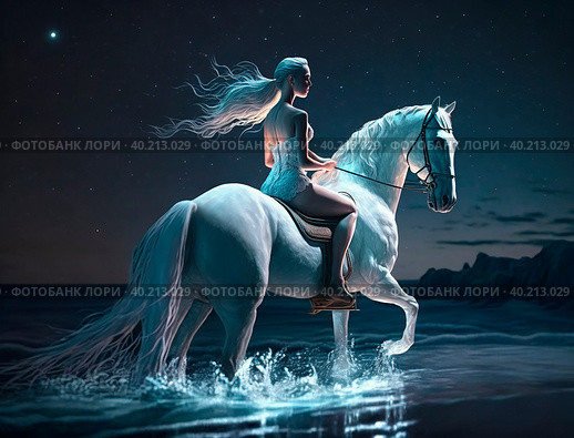 A beautiful young girl on a white horse rides along the water's edge on the shore of the night sea. Стоковое AI-изображение, AI-художник Ярославский Максим / Фотобанк Лори