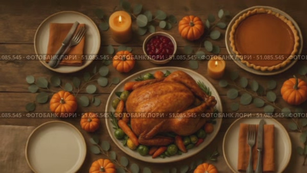 A beautifully arranged Thanksgiving dinner featuring a roasted turkey surrounded by pumpkins, candles, and side dishes on a rustic wooden table. Стоковое AI-видео, аниматор Nart / Фотобанк Лори