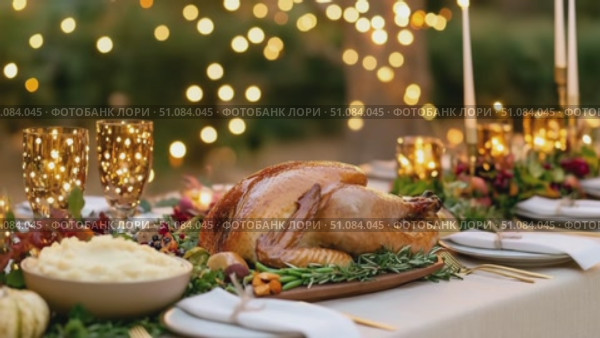 A beautifully arranged Thanksgiving dinner table with a roasted turkey, mashed potatoes, and decorative elements. Soft lights create a warm atmosphere. Стоковое AI-видео, аниматор Nart / Фотобанк Лори