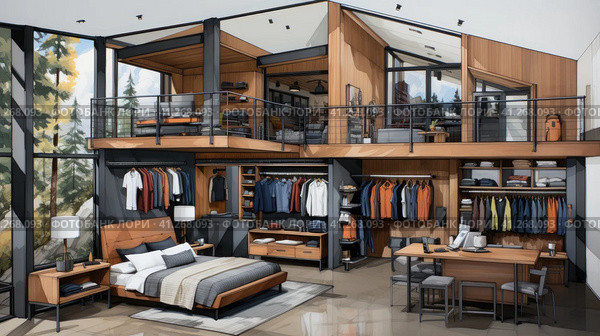 A bedroom with a lofted bed and a closet, AI. Стоковое AI-изображение, AI-художник Сергей Старуш / Фотобанк Лори