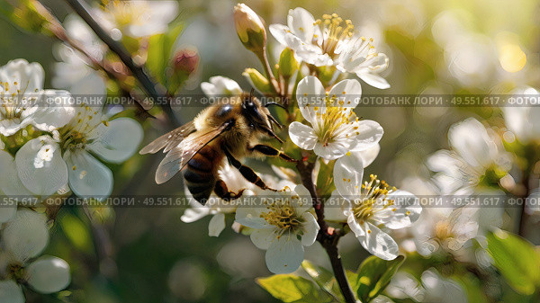 A bee collecting nectar on a blooming apple tree in close-up. Macro photography. Natural food. The disappearance of bees. Стоковое AI-изображение, AI-художник Photojuli / Фотобанк Лори