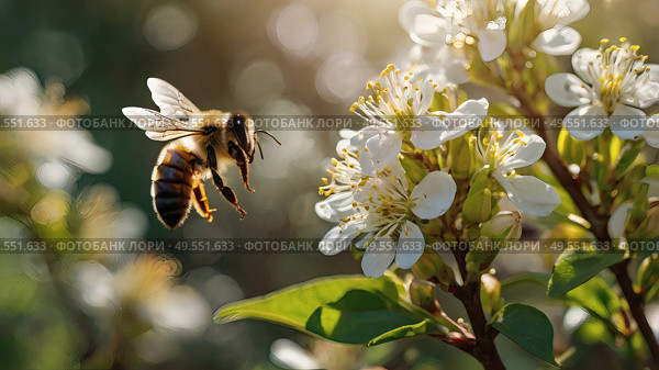 A bee collecting nectar on a blooming apple tree in close-up. Macro photography. Natural food. The disappearance of bees. Стоковое AI-изображение, AI-художник Photojuli / Фотобанк Лори