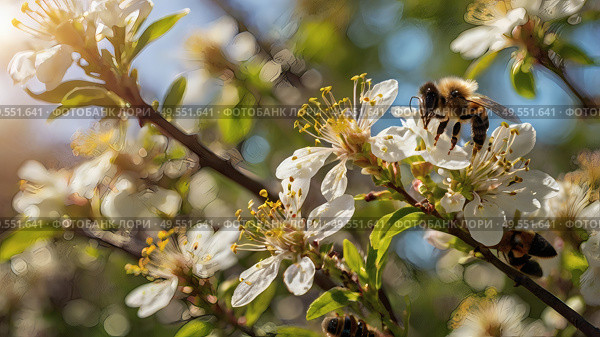 A bee collecting nectar on a blooming apple tree in close-up. Macro photography. Natural food. The disappearance of bees. Стоковое AI-изображение, AI-художник Photojuli / Фотобанк Лори