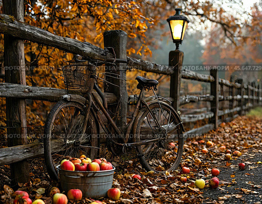 A bicycle is leaning against a wooden fence, with a bucket of fresh apples collected next to it. Apple Savior (August 19). Стоковое AI-изображение, AI-художник Сергей Елизарьев / Фотобанк Лори