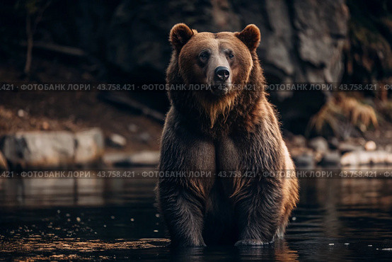A big brown bear in the lake is hunting for fish. Animal hunting. Poaching. Стоковое AI-изображение, AI-художник Photojuli / Фотобанк Лори