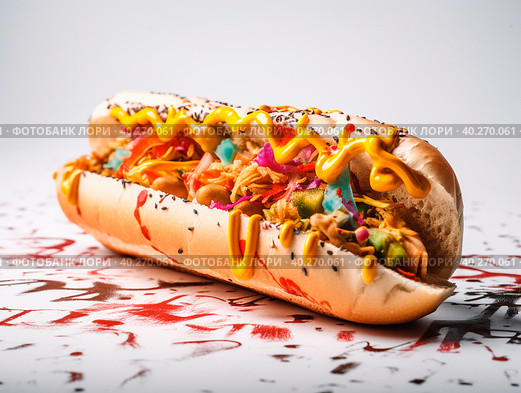 A big juicy hot dog in the style of graffiti. Стоковое AI-изображение, AI-художник Ярославский Максим / Фотобанк Лори