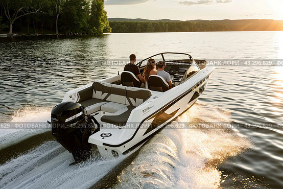 A bird's-eye view of a speedboat sailing at sunset on the blue river. Close-up. Стоковое AI-изображение, AI-художник Ярославский Максим / Фотобанк Лори