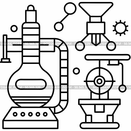 A black and white line drawing illustration of a futuristic machine or laboratory equipment. featuring a round flask. a funnel. and a rotating wheel with connected circles. This icon is perfect for representing technology. automation. or scientific processes. Стоковая иллюстрация, агентство Ingram Publishing / Фотобанк Лори