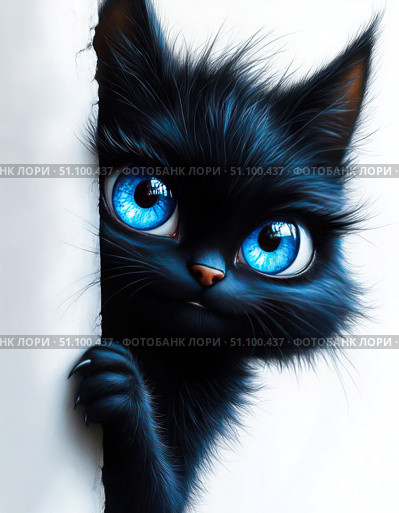 A black cat with blue eyes is peeking out from behind a white wall. Стоковое AI-изображение, AI-художник Ярославский Максим / Фотобанк Лори