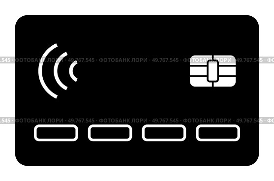 A black credit card design with contactless payment waves and an embedded chip. Ideal for financial services, secure payments, bank cards, digital banking, and modern transactions. Simple, modern, mon. Credit Card with Contactless Payment and Chip on Black Background. Стоковая иллюстрация, агентство Ingram Publishing / Фотобанк Лори