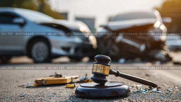 A black gavel is on the ground next to a car that has been in an accident. Стоковое AI-изображение, AI-художник Ярославский Максим / Фотобанк Лори