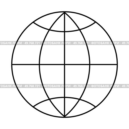 A black outline of a globe featuring intersecting latitude and longitude lines on a white background. Ideal for global connectivity, geography education, travel industry, technology concepts, and inte. Round Globe with Latitude and Longitude Lines in Minimalist Black and White Style. Стоковая иллюстрация, агентство Ingram Publishing / Фотобанк Лори