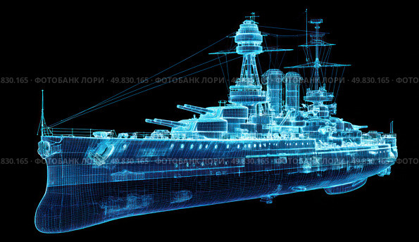 A blue ship with a large gun on the front. Стоковое AI-изображение, AI-художник Ярославский Максим / Фотобанк Лори