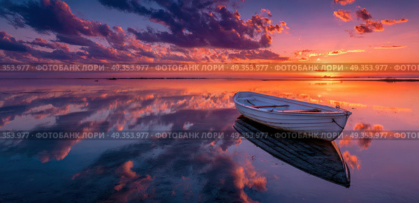 A boat is floating on a calm lake at sunset. Стоковое AI-изображение, AI-художник Ярославский Максим / Фотобанк Лори
