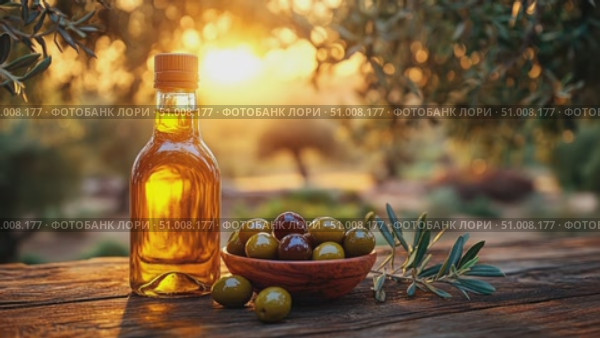 A bottle of olive oil sits beside a bowl of olives under a beautiful sunset, highlighting nature's bounty and rich flavors in a tranquil setting. Стоковое AI-видео, аниматор Данила Большаков / Фотобанк Лори