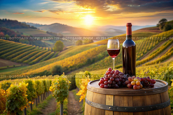 A bottle of red wine and a bunch of ripe grapes on a wooden oak barrel against the background of a vineyard. Стоковое AI-изображение, AI-художник Photojuli / Фотобанк Лори