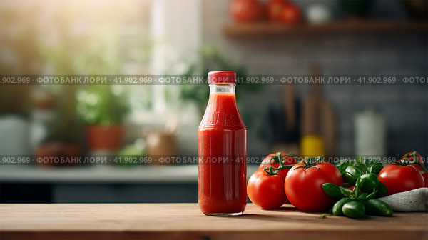 A bottle of tomato juice and ripe tomatoes on the table. Стоковое AI-изображение, AI-художник Margarita Davchenko / Фотобанк Лори