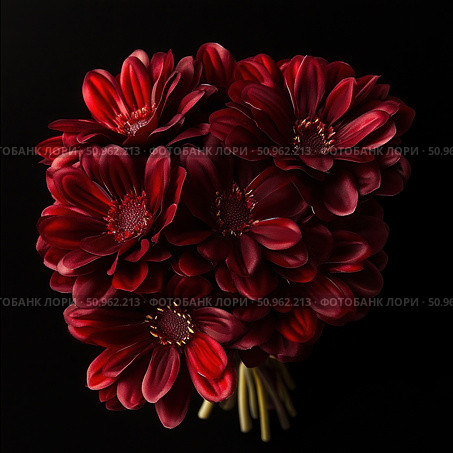 A bouquet of rich red gerberas on a black background. Contrasting lighting emphasizes the velvety texture of the petals and makes the composition spectacular and expressive. Ideal for use in the design of postcards, advertising materials, holiday decoration, posters and as an element of floral or romantic plots. Aesthetics of minimalism with an emphasis on color and shape. Стоковое AI-изображение, AI-художник Анна Кривицкая / Фотобанк Лори