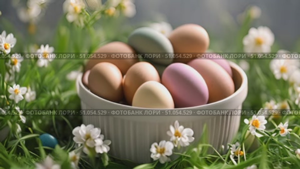A bowl filled with eggs placed on a lush grass-covered field, under the clear sky. Стоковое AI-видео, аниматор Данила Большаков / Фотобанк Лори