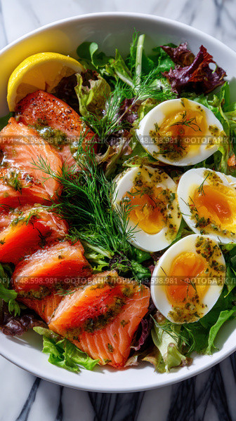 A bowl of food with salmon, eggs, and greens. Стоковое AI-изображение, AI-художник Ярославский Максим / Фотобанк Лори