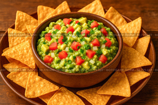 A Bowl of Fresh Guacamole Surrounded by Crispy Tortilla Chips Perfect for Snacking or Sharing at Gatherings and Celebrations. Стоковое AI-изображение, AI-художник Башкирова Анна / Фотобанк Лори