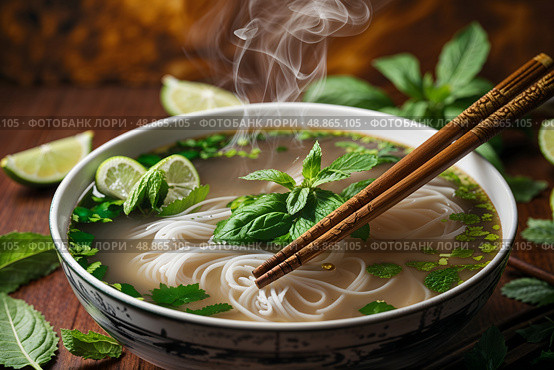 A bowl of steaming hot pho, and diagonally arranged on top are wooden chopsticks, the rounded tips of which are partially immersed in a savory broth. Стоковое AI-изображение, AI-художник Александр Поташев / Фотобанк Лори