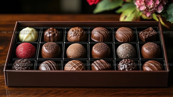 A box with exquisite chocolates, neatly placed in individual compartments. Each candy differs in shape, texture and decoration: there is milk, dark and white chocolate, decorations made of cocoa powder, nut crumbs, caramel and colored glaze. One of the candies is covered in red sugar, standing out from the rest. Flowers are visible in the background, which adds aesthetics to the image and the atmosphere of a gift or a special occasion. The overall style conveys luxury, taste and pleasure from chocolate. Стоковое AI-изображение, AI-художник Анна Кривицкая / Фотобанк Лори
