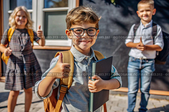 A boy with glasses shows the class with his hand. The child goes to school for the first time. A child with a school bag and a book. A child in the classroom on the background of a blackboard. Back to school. Стоковое AI-изображение, AI-художник Photojuli / Фотобанк Лори